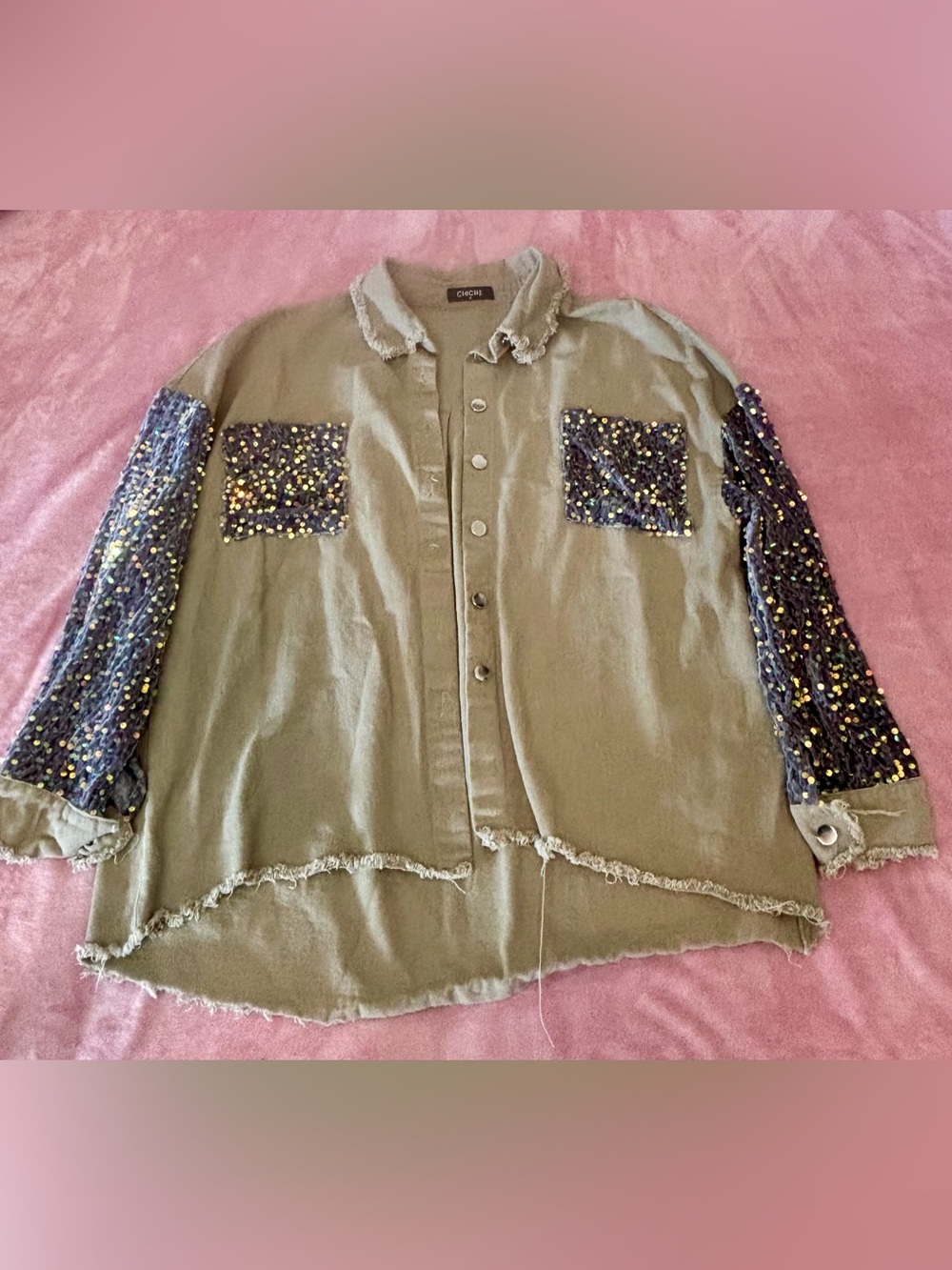 CHICME Olive Sequin Sleeve Button-Down Shirt